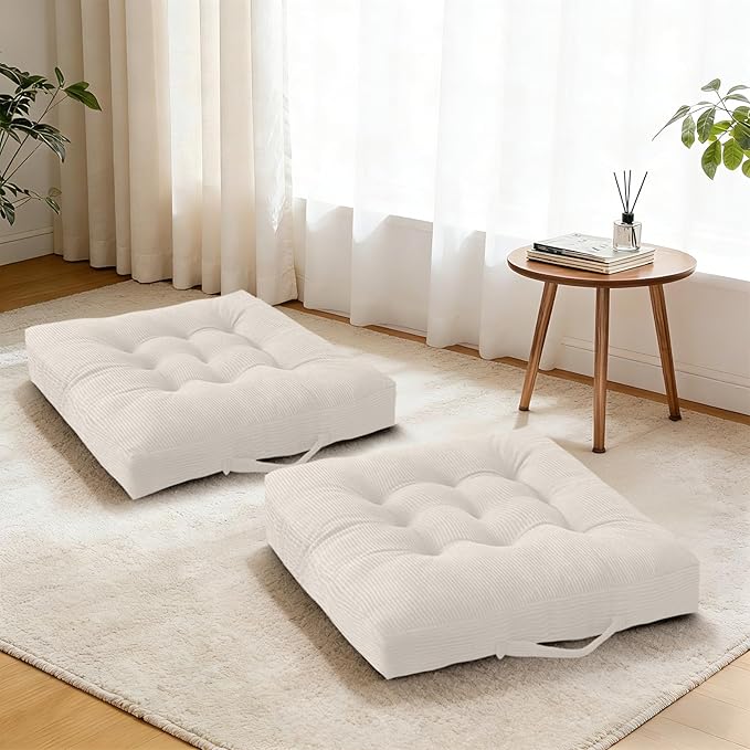 Beige Floor Cushion Floor Sitting Cushions Tufted Velvet Portable Seat Cushions with Handle, 18x18 Inch Set of 2, Machine Washable Chair Pads for Kitchen Dining Room Patio Seats
