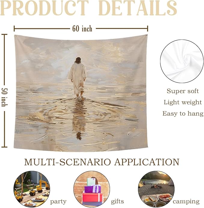 bitCNY Jesus Walking on Water Golden Glow Tapestry – Christian Wall Hanging with Divine Light, Faith-Inspired Religious Home Decor, 50x60 Inch