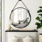 POZINO Round Mirror, 24 Inch Hanging Mirror with Rope, Circle Wall Mirrors, Black Frame Farmhouse Mirrors for Bathroom Bedroom Living Room Entryway Home Decor
