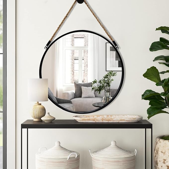 POZINO Round Mirror, 24 Inch Hanging Mirror with Rope, Circle Wall Mirrors, Black Frame Farmhouse Mirrors for Bathroom Bedroom Living Room Entryway Home Decor