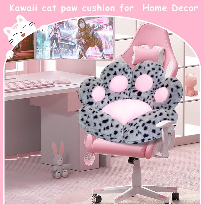 Cat Paw Cushion Kawaii Office Chair Cushion Comfy Plush Gaming Chair Cushion Cute Seat Cushion for Girl, Cute Gaming Accessories Room Decorate (Gray-Black Flecks)