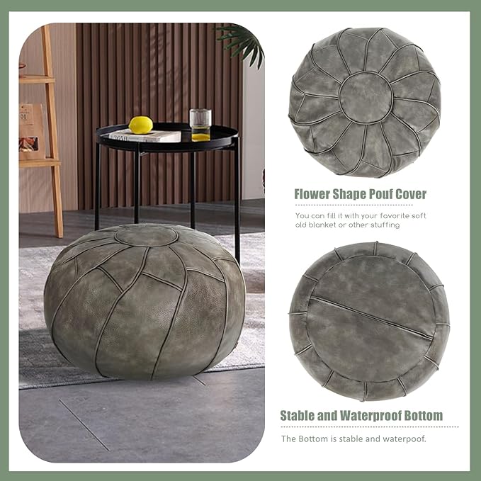 Thgonwid Round Unstuffed Pouf Cover, Leather Foot Stool Ottoman with Storage, Bean Bag Floor Chair, Multi Functional Footrest for Living Room, Bedroom or Balcony (Deep Gray)