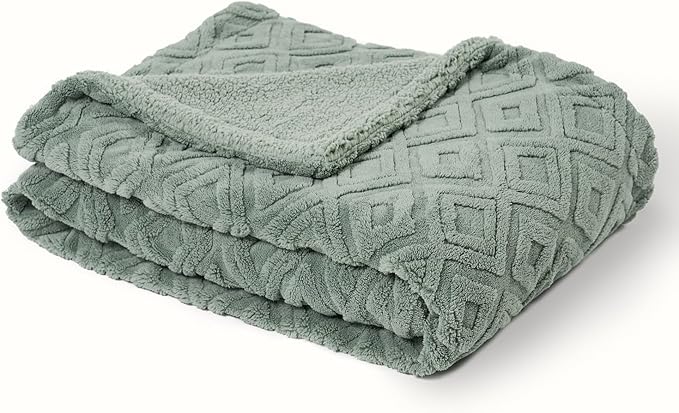 EverGrace Jacquard Boho Sherpa Fleece Throw Blanket for Couch, Super Soft Cozy Fuzzy Plush Blankets for Winter, Reversible Thick Warm Blanket for Bed, Sofa, Living Room, Sage Green, 50" x 60"