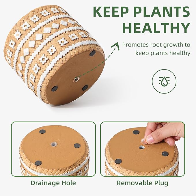 Concrete Rattan-Style Plant Basket Planter, 5" Plant Pots Indoor Outdoor with Drainage Hole, Boho Flower Pot for Succulents, Herbs, Modern Farmhouse Decor, Ideal Gift for Plant Lovers