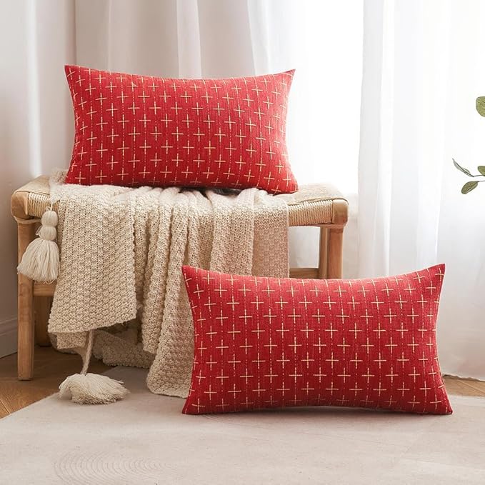 MIULEE Pack of 2 Christmas Decorative Burlap Linen Throw Pillow Covers Modern Farmhouse Pillowcase Rustic Woven Textured Cushion Cover for Sofa Couch Bed 12x20 Inch Christmas Red