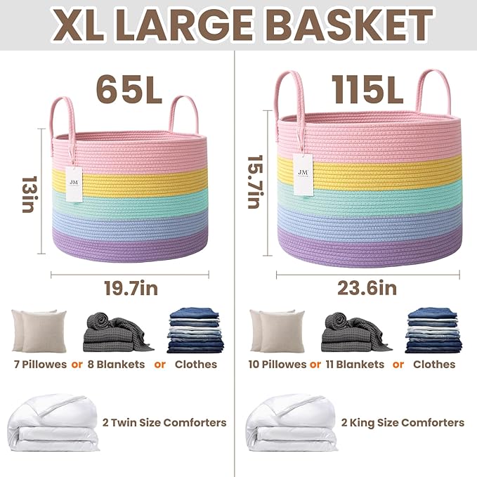 115L Extra Large Blanket Basket for Living Room - Woven Cotton Rope Laundry Hamper with Reinforced Handles - Storage Bin for Pillows, Comforters & Toys - Machine Washable,Rainbow