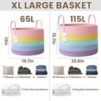 65L Extra Large Blanket Basket for Living Room - Woven Cotton Rope Laundry Hamper with Reinforced Handles - Storage Bin for Pillows, Comforters & Toys - Machine Washable,Rainbow
