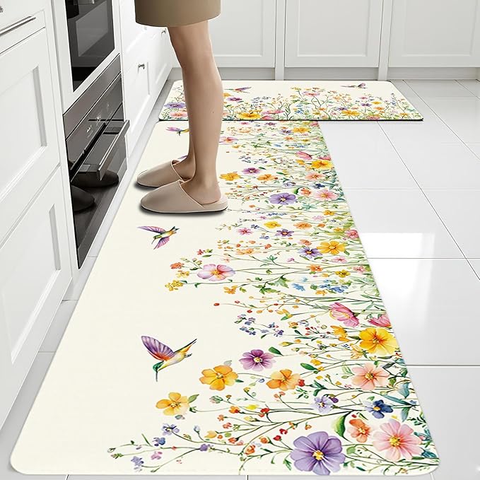 Flower Rugs for Kitchen Floor, ButterflyFloral Anti Fatigue Mats for Kitchen Floor Non Slip, 2PCS Rubber Kitchen Mat, Washable Cushioned Runner Carpet Rug for Sink Laundry 15.7"×27.5" +15.7"×47" 3.5mm