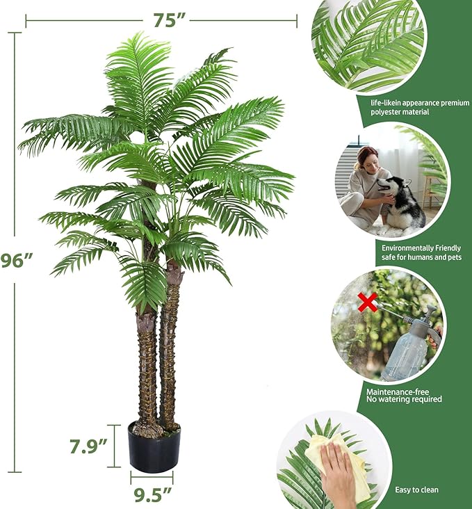 8ft Artificial Phoenix Palm Tree 3 Trunks UV Resistant Fake Palm Plants Outdoor Indoor Large Faux Coconut Silk Palm Plants Tropical Fake Tree for Outside Porch Patio Garden Home Office Decor (96inch)
