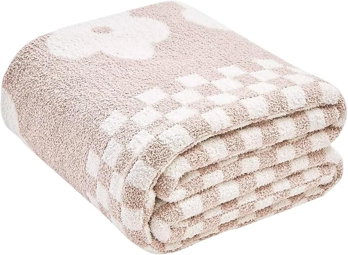 Checkered Throw Blanket, Beige Super Soft Knit Breathable Throw Blanket, Cozy Fluffy Reversible Checkerboard Flower Fuzzy Blanket for Couch Sofa Bed Living Room Decor 60 x 80 Inch