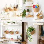 ShellKingdom Hanging Baskets, 3Pack Woven Wall Mounted Storage Basket with 3 Pcs Hooks, Boho Pouchs Bag Organizers for Home Office Living Room Bathroom Door Wall Decoration Caddy Bins (Jute)