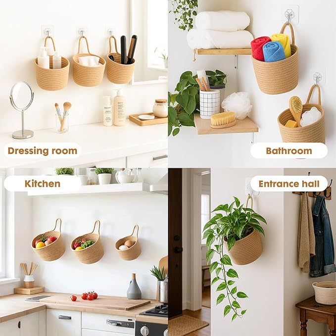 ShellKingdom Hanging Baskets, 3Pack Woven Wall Mounted Storage Basket with 3 Pcs Hooks, Boho Pouchs Bag Organizers for Home Office Living Room Bathroom Door Wall Decoration Caddy Bins (Jute)