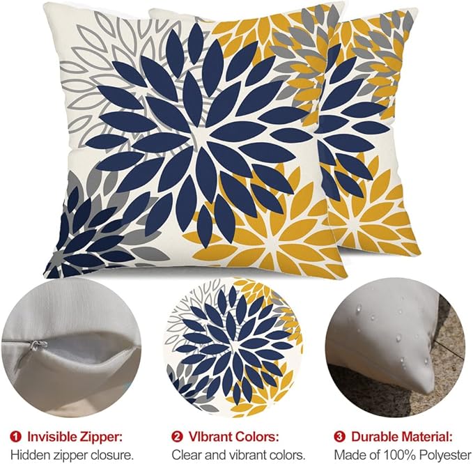 DFXSZ Blue Yellow Flower Pillow Covers 18x18 Inch Set of 2 Outdoor Throw Pillows Outdoor Waterproof Decor for Living Room Sofa Patio Funiture Garden Floral Polyester Pillow Covers 002Z18