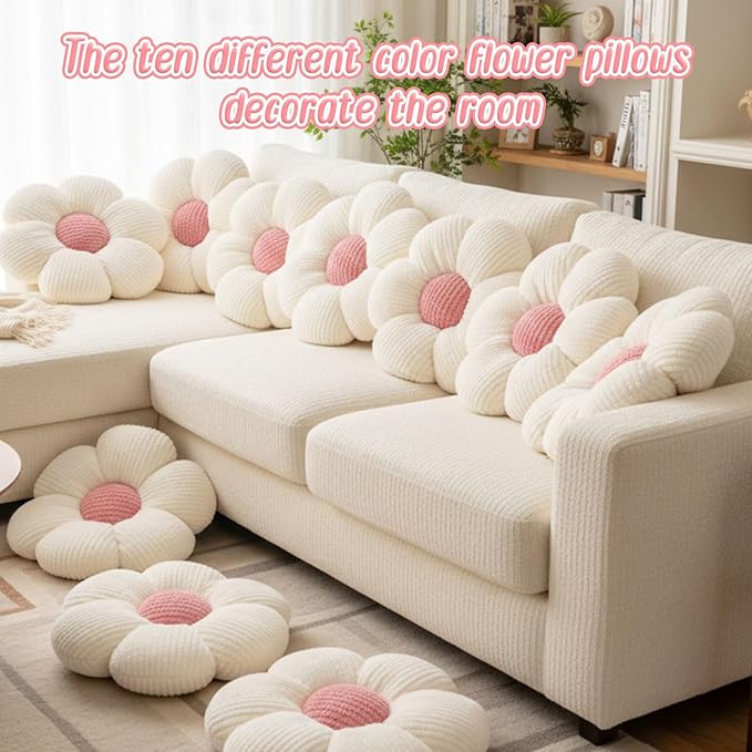 10 Pcs Cute Flower Pillow 15.75 Inch Flower Plush Throw Pillow Aesthetic Decorative Seating Cushion for Spring Back to School First Day of School Sofa Couch Bed Decor(Monochrome,White)