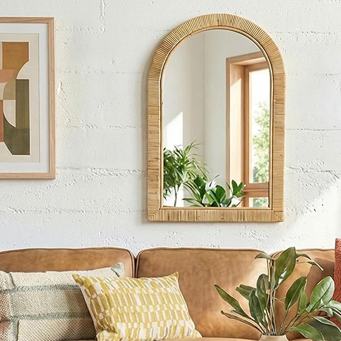 24x36 inch Rattan Arched Mirror for Wall, Bohemia Bathroom/Farmhouse Boho Mirrors, Vanity Irragular Decorative Arched Mirror, Suitable for, Bedroom, Living Room, Home Decoration