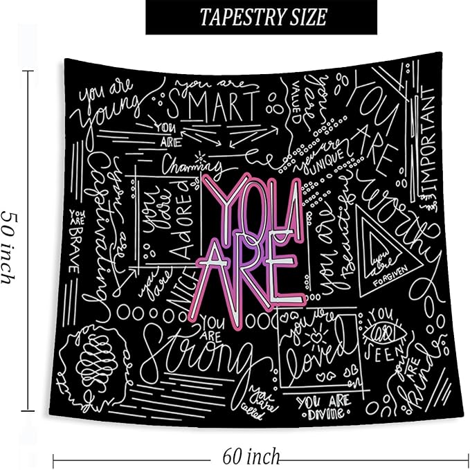 Quote You Are Tapestry Inspirational Wall Art Wall Hanging Positive Saying Classroom Tapestries for Teen Girl Bedroom Dorm 50 * 60 Inches (Black)