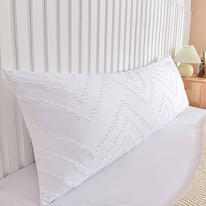 Nanko Body Pillow Case Cover 1 Pack 20x54 with Zipper, White Tufted Jacquard Boho Soft Shabby Chic Microfiber Long Decorative Pillow Covers/Pillow Shams, Comfortable Body Pillowcase for Women Men