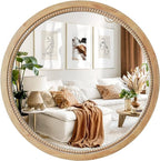 sawsile Round Wood Mirror,28 inch Circle Rustic Farmhouse Natural Wooden Frame Boho Beads Wall Mirror for Bathroom,Living Room,Bedroom or Entryway