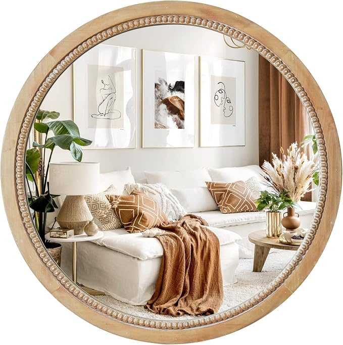sawsile Round Wood Mirror,36 inch Circle Rustic Farmhouse Natural Wooden Frame Boho Beads Wall Mirror for Bathroom,Living Room,Bedroom or Entryway