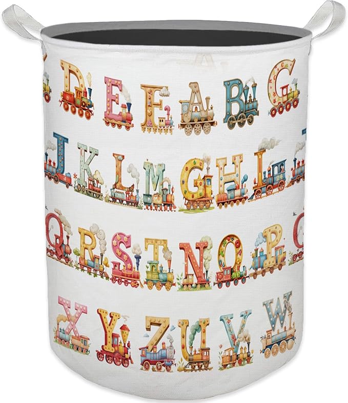 Kids Nursery Laundry Basket, Toybox for Girls Boys, Alphabets Trains Transportation Laundry Basket Hamper Waterproof Collapsible Storage Bin Organizer for Bedroom Bathroom Kids Room Clothes Toys