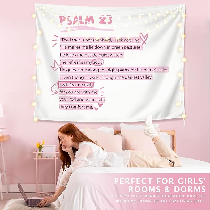 LIANGW Pink Christian Tapestry Aesthetic, Wall Tapestry for Bedroom, Pink Wall Art for Teen Girls & Women, Dorm Decor for College Girls, Bible Verses Tapestries Wall Hanging 50x60 inche