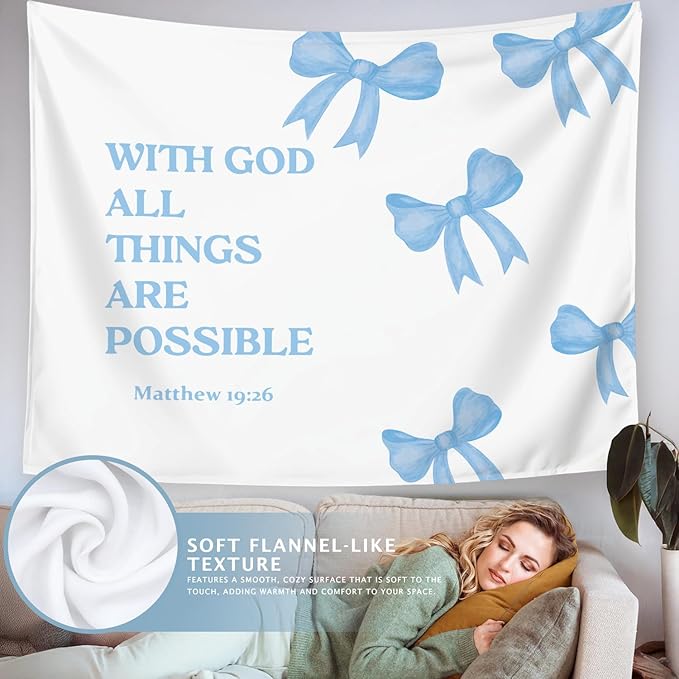 LIANGW Light Blue Bible Verse Christian Wall Tapestry – With God All Things are Possible Bible Blue Bow Aesthetic for Girls Bedroom or Dorm Room,Faith-Based Blue Room Decor Aesthetic, 50x60 Inch