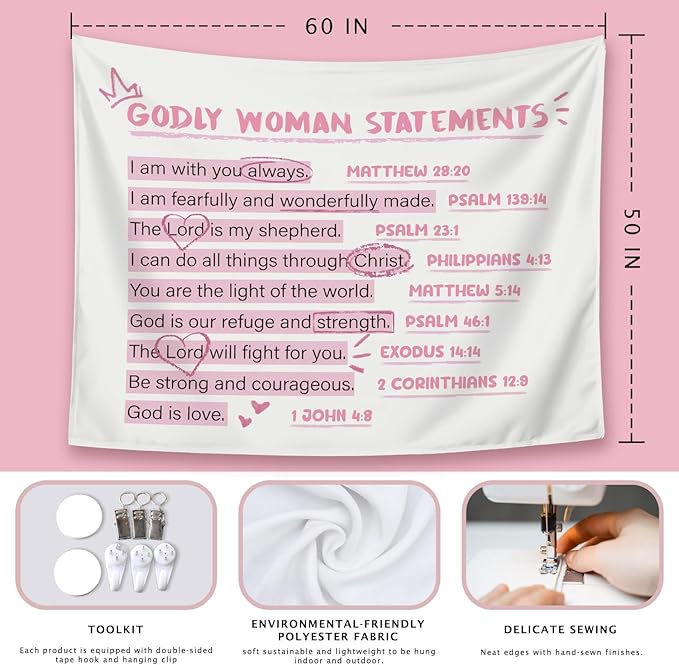 LIANGW Cute Pink Christian Tapestry Aesthetic for Bedroom, Coquette Preppy Room Decor for Teen Girls & Women, Dorm Decor for College Girls, Bible Verses Tapestries Wall Hanging 50x60 inche