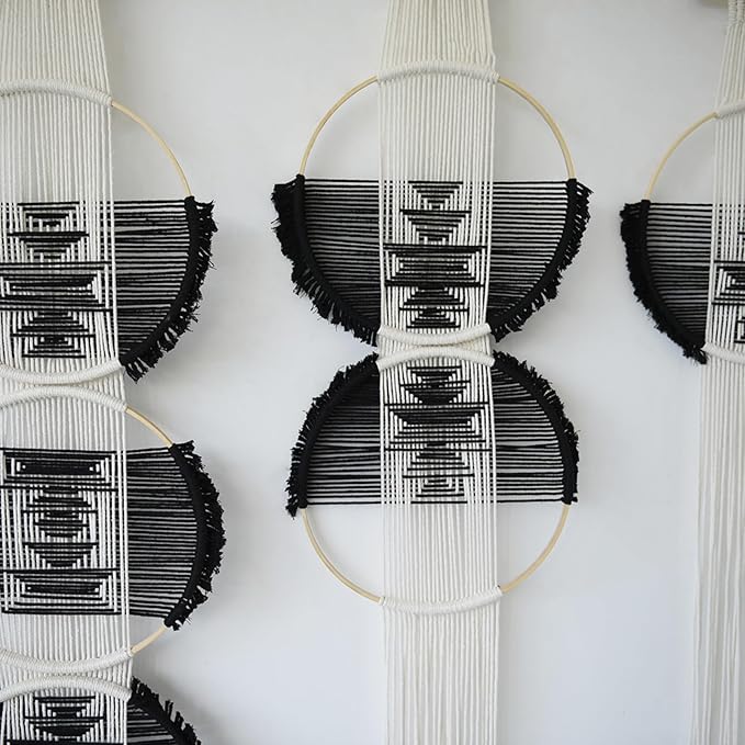 Flber Macrame Wall Hanging Combination 3 Pcs Beige and Black Handmade Woven Boho Home Chic Wall Decor Geometric Art Decor Bedroom Nursery Apartment Dorm Decoration Minimalistic Neutral Wall Decor