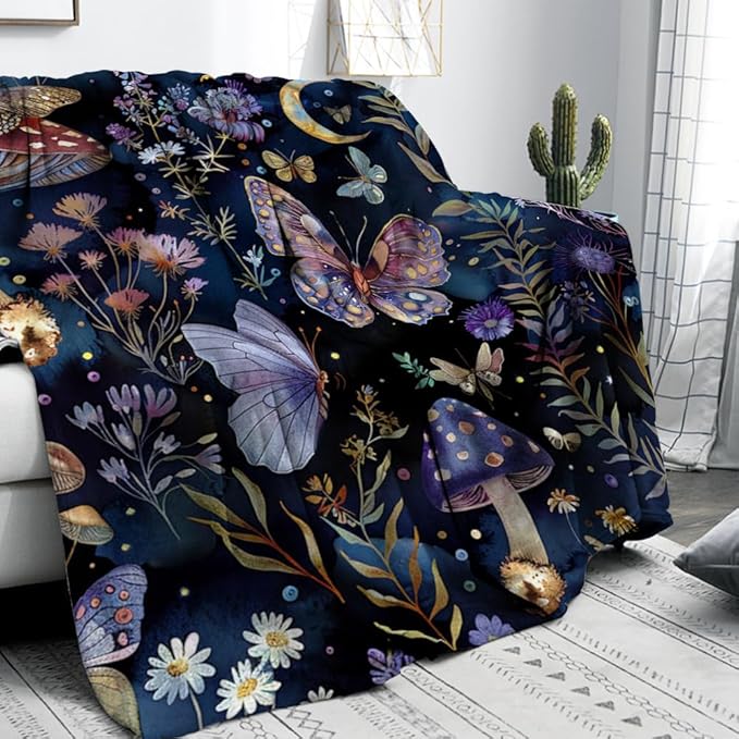 Celestial Witch Garden Throw Blankets Butterfly Moon Flower Fleece Throw Blanket,Dark Botanical Floral Plant Boho Cozy Decor Nap Blankets for Sofa Bed Couch Chair or Dorm Throws 60"x80"
