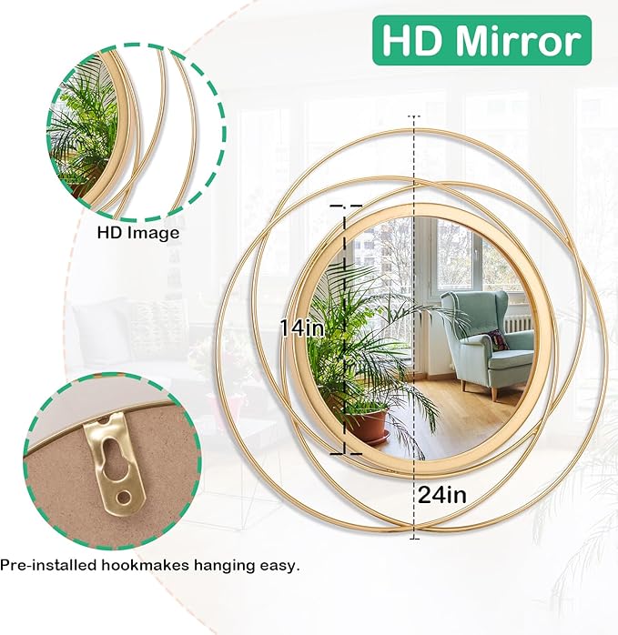 Wall Mirror Mounted Gold Large Round Decorative Mirrors, Circle Metal Art Mirror Home for Bathroom Vanity, Living Room or Bedroom 24" x 24"