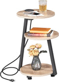 BEWISHOME Round End Table with Charging Station, Side Accent Table with 3-Tier Shelves, Small Couch Table for Living Room Greige KTZ51G