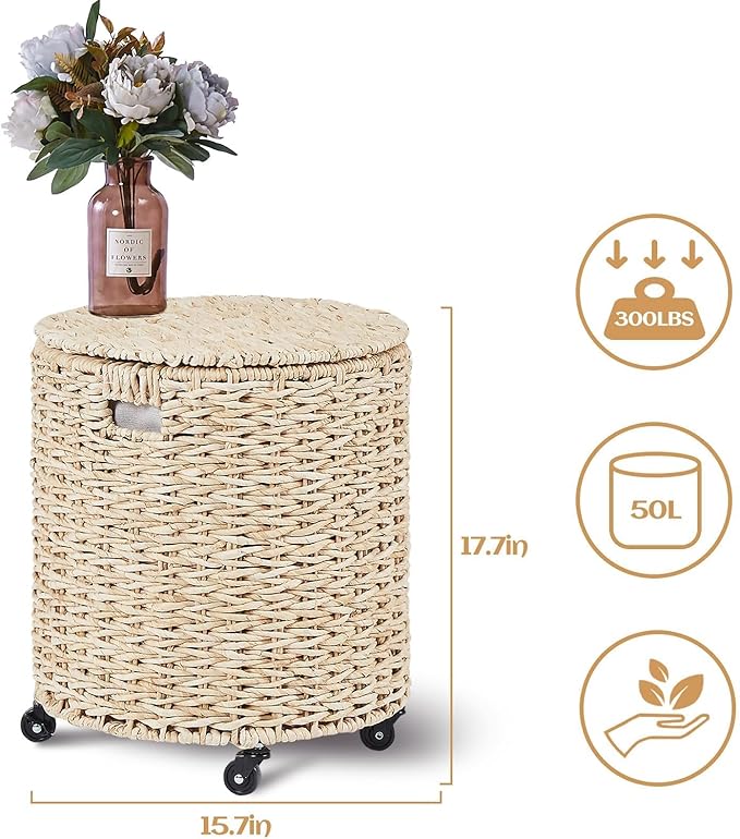 Wimarsbon 2Pcs Pouf Ottomans, Natural Seagrass Foot Stool, Hand Weaving Round Ottoman, Boho Decorative Seat, Jute Braided Pouffe Poof Accent Sitting Footrest (Storage Corn Husk)