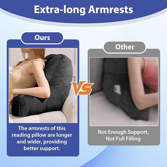 Reading Pillows for Sitting in Bed Adult, Back Pillow for Bed Sitting Up, Backrest Pillows with Shredded Foam for Adult&Teens, Support Pillow with Arms for Beds, Couch, Floor, 20in, Black