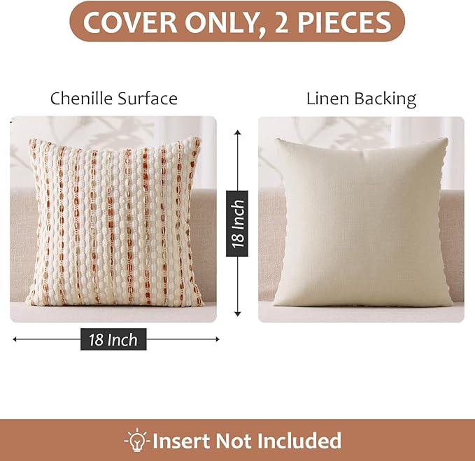 ANRODUO Boho Chenille Textured Tufted Pillow Covers 18x18 Inch Set of 2 Woven Decorative Throw Pillow Covers with Raised Stripes Accent Neutral Pillowcase for Couch Sofa Bed Living Room, Cream Rust