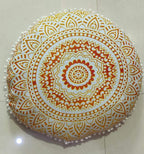 INDIAN CRAFT CASTLE 24" Yellow Ombre Mandala Barmeri Large Floor Pillow Cover Cushion Meditation Seating Ottoman Throw Cover Hippie Decorative Zipped Bohemian Pouf Ottoman Pom Pom Cases 24" Round