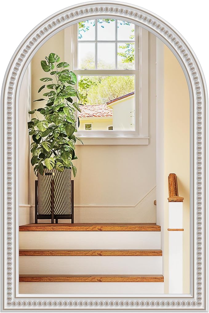 Farmhouse Arched Wall Mirror, 24" x 36" Arched Boho Mirror with Beaded, Arch Rustic Wooden Frame Decorative Wall Mirrors for Bathroom, Vanity, Living Room, Entryway