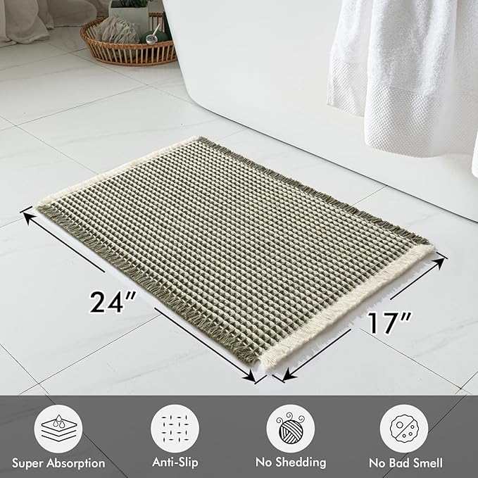 MIULEE Set of 2 Waffle Bathroom Rugs, Boho Bath Rugs Non Slip Washable, Super Absorbent Bath Mats, Ultra Soft Rubber Backed Shower Mats for Bathroom Floor, Tub, Green & Cream, 17x24 Inch