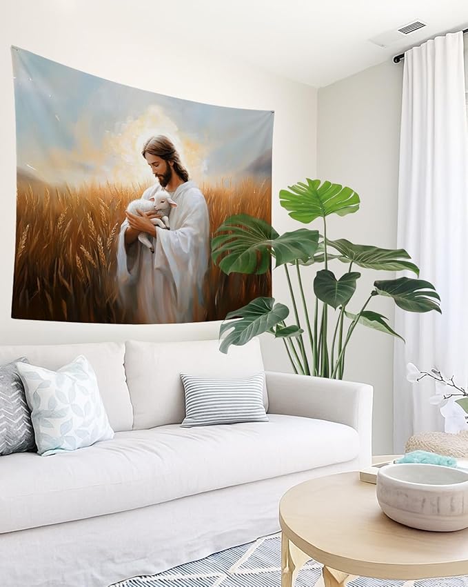 bitCNY Jesus Holding Lamb Tapestry – The Good Shepherd Christian Wall Decor, Religious Art for Faithful Homes, 50x60 Inch Soft Fabric