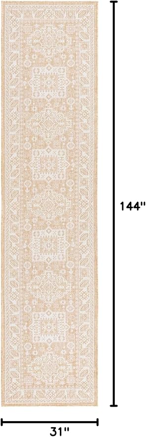 Rugs.com Outdoor Aztec Collection Rug – 12 Ft Runner Natural Flatweave Rug Perfect for Hallways, Entryways