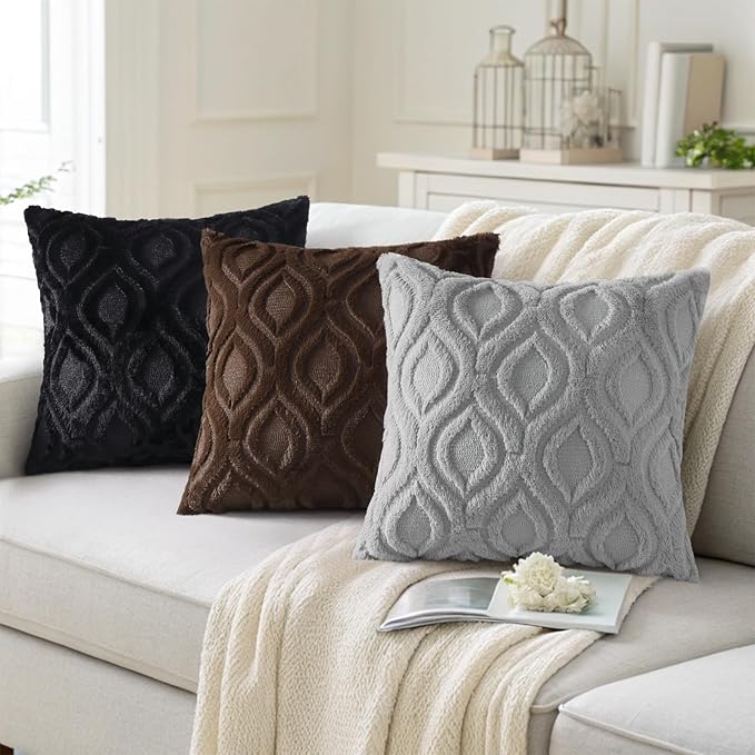 decorUhome Cozy Textured Euro Sham Throw Pillow Covers 26x26 Inch Set of 2, Soft Plush Faux Wool Black Accent Couch Pillow Covers for Modern Farmhouse Sofa Bed Living Room