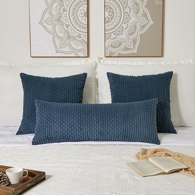 Kevin Textile 14x36 Inch Long Lumbar 1 Pack Boho Decorative Throw Pillow Cover Soft Striped Corduroy Rectangle Cushion Case Farmhouse Solid Color Accent for Living Room Couch Sofa Bed, Blue