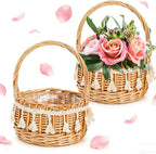 2 Pack Flower Girl Basket, Small Wicker Basket with Silk Petals, White Ribbon, Plastic Liner, Decorative Woven Willow Rattan Basket for Wedding, Gifts, Camping, Home Decor