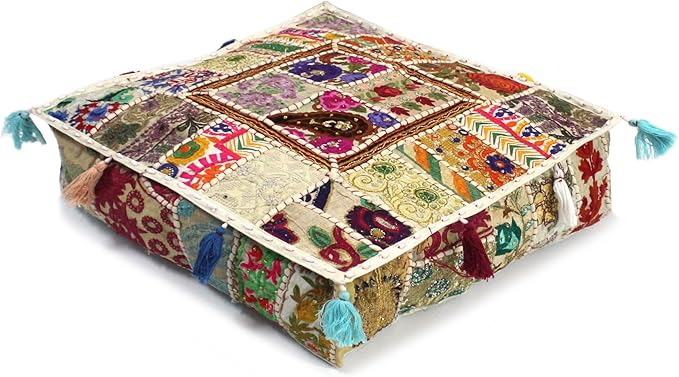 Mam Treasures Indian Bohemian Decorative Pillow Vintage Cushion Cover Patchwork Square Floor Pillow Cover Meditation Cushion Large Floor Pillow Indian Cushion (White, 22 X 22 X 5 Inch)