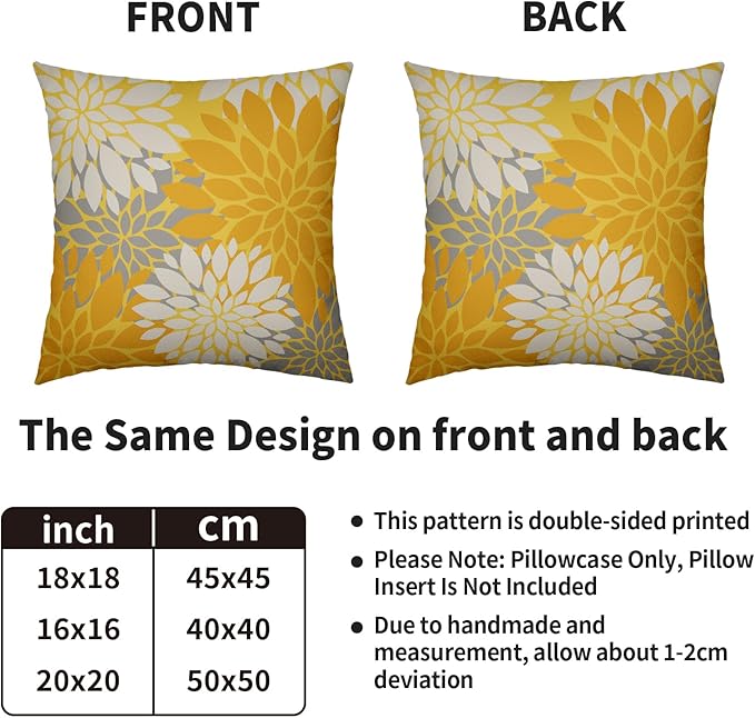 Yellow Cream Grey Gray Pillow Covers 20X20 Inch Set of 2, Modern Dahlia Floral Print Decorative Throw Pillow Covers Outdoor Farmhouse Cushion Case for Home Couch Sofa Bed Decoration