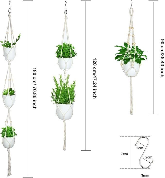 6 Pieces Macrame Plant Hangers with 6 Hooks, Different Tiers, Handmade Rope Hanging Planters Set Flower Pots Holder Stand Hanging Plant Holder for Indoor Outdoor Boho Home Decor (Creamy White)
