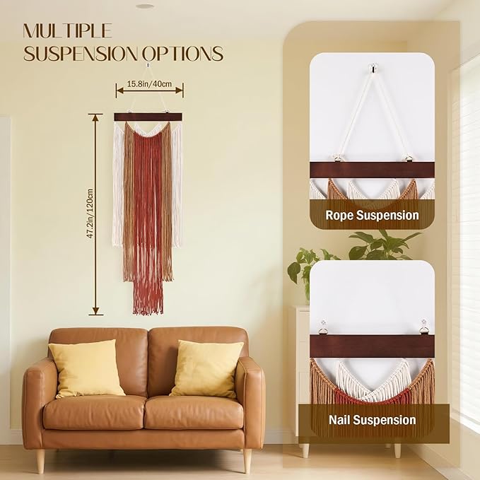 iHUFeather Macrame Wall Hanging Boho Wall Tapestry, Handmade Woven Wall Art for Living Room Bedroom Bohemian Home Decor 47.2" L x 15.7" W (Deep Red)