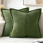 MIULEE Spring Decorative Throw Pillow Covers for Couch Bed Livingroom 18x18 Inch Set of 2 Moss Green Boho Accent Throw Pllows Broadside Striped Patchwork Soft Corduroy Summer Pillowcases