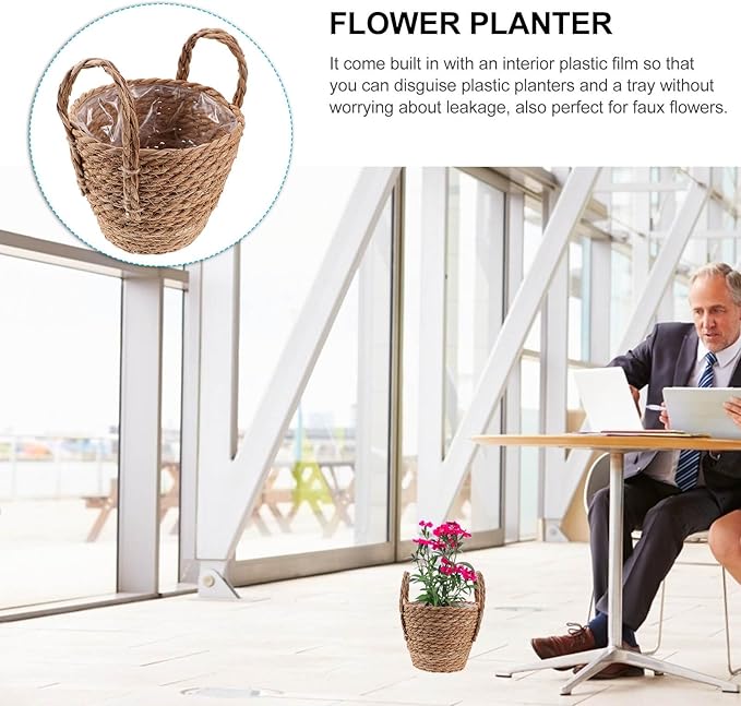 Zerodeko Seagrass Planter Basket Straw Plant Baskets Woven Basket Flower Plant Pot Wicker Plant Containers with Plastic Liner for Indoor Plants Laundry Room 16cm Khaki