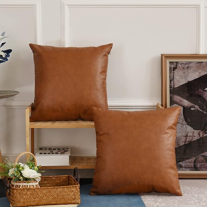 Tosewever Faux Leather Throw Pillow Covers, 16 x 16 inch Set of 2 Luxury Cognac Brown Modern Pillowcases Solid Decorative Square Cushion Cases for Bedroom Living Room Couch Bed Sofa (Brown, 16" x 16")