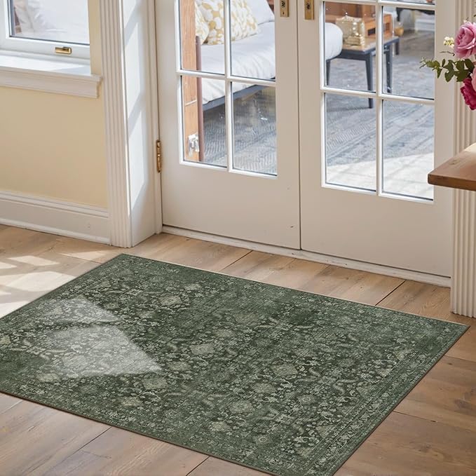 Entryway Rug Door Mat, Washable Samll 2x3 Rug, Green Boho Front Door Mat, Non Slip Area Rugs, Low Pile Throw Accent Entry Carpet for Indoor Entrance, Bathroom and Kitchen(Green 2x3ft)